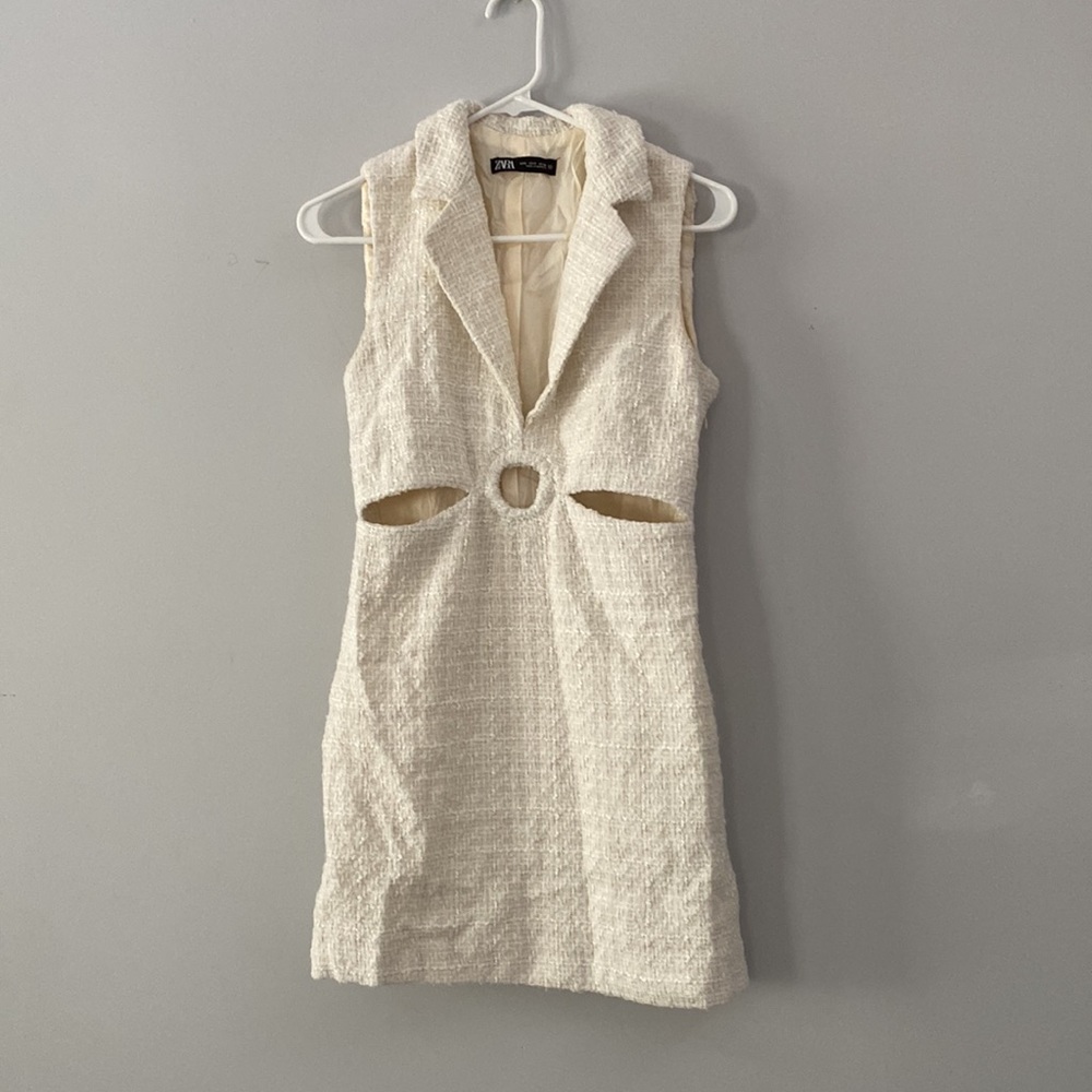 Cream Tweed Zara S Cut Out Collared Dress